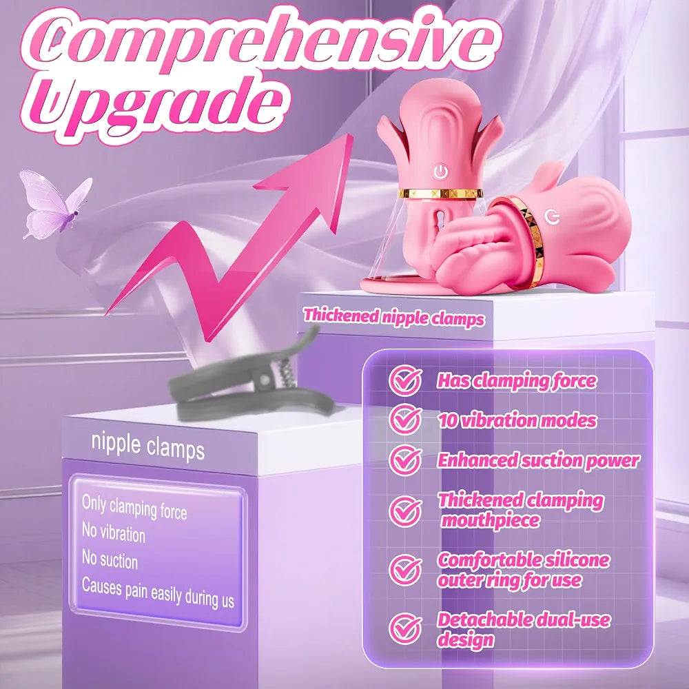 Silicone Vibrating Nipple Clamps with 10 Modes and Manual Suction Stimulation