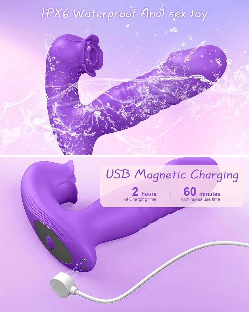 Rose-Shaped Sucking and Thrusting Vibrator for G-Spot and Clitoral Stimulation with 9 Modes
