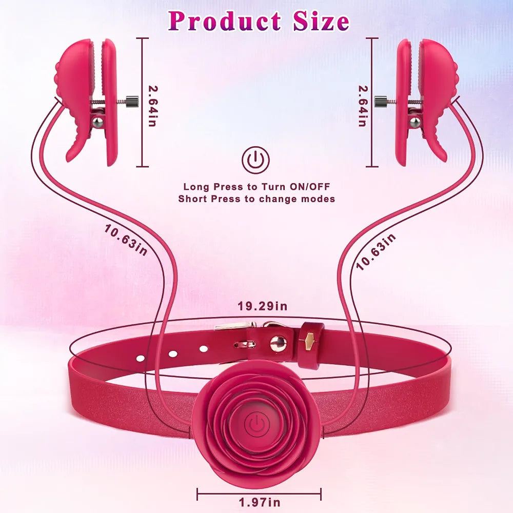 Adjustable Nipple Clamps with Vibrating Rose Pendant and BDSM Choker Necklace for Couples