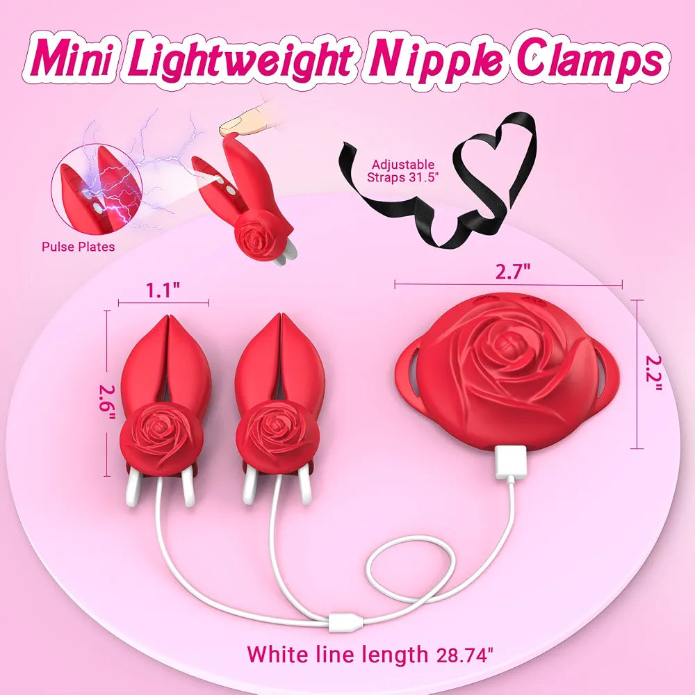 Rose Vibrating Nipple Clamps - 10-Mode Electric Silicone BDSM Nipple Stimulator for Women