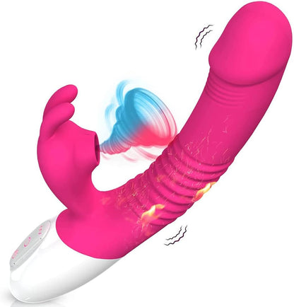 Thrusting Rabbit Vibrator, G Spot Clitoral Vibrator Waterproof & Rechargeable Realistic Silicone Dildo Vibrator with 3 Thrusting & 8 Vibrating Modes, Rose Sex Toys for Women