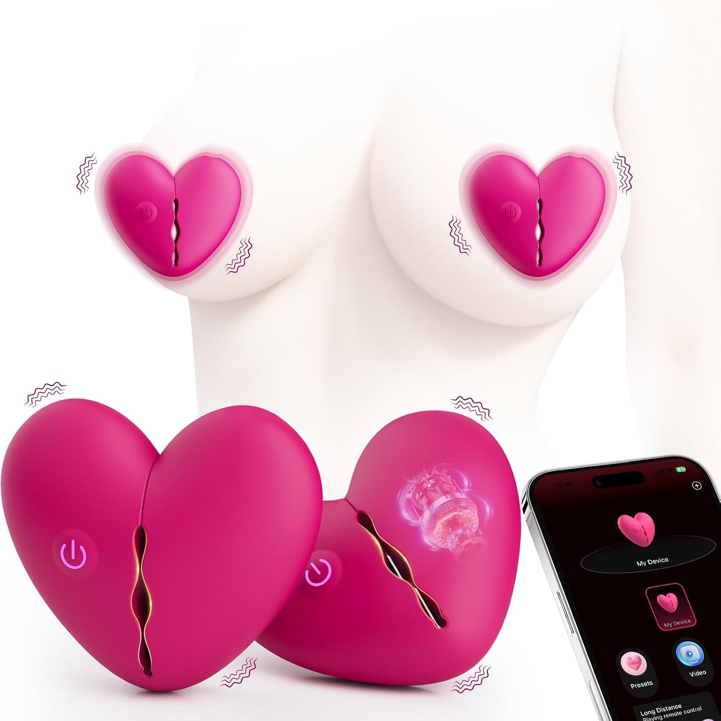 Heart-Shaped App-Controlled Nipple Vibrator and Clamps
