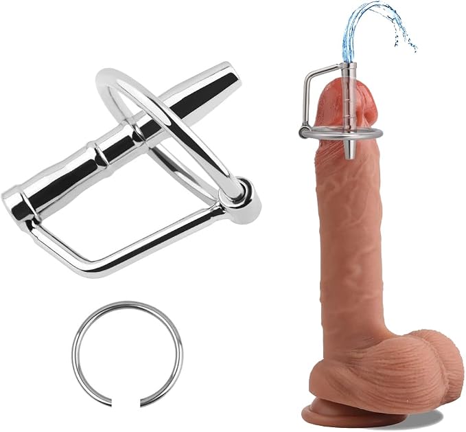 Stainless Steel Hollow Urethral Dilator and Penis Plug with Integrated Cock Ring for Men