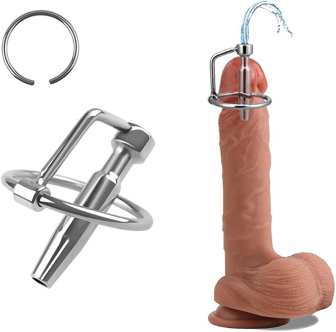 Stainless Steel Hollow Urethral Dilator and Penis Plug with Integrated Cock Ring for Men