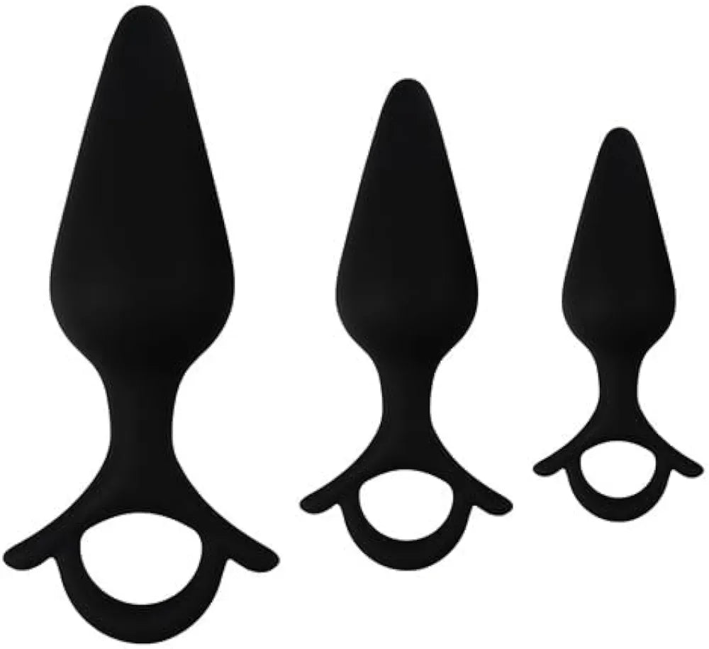 3-Piece Silicone Anal Training Plug Set with Pull Ring and Flared Base