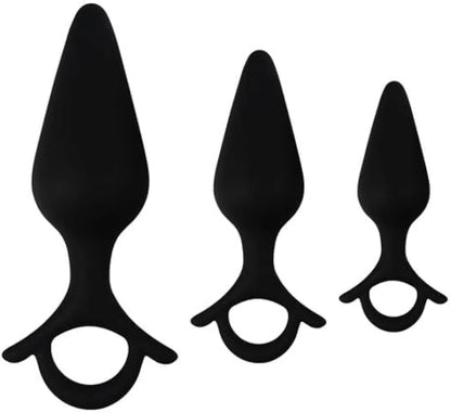 3-Piece Silicone Anal Training Plug Set with Pull Ring and Flared Base
