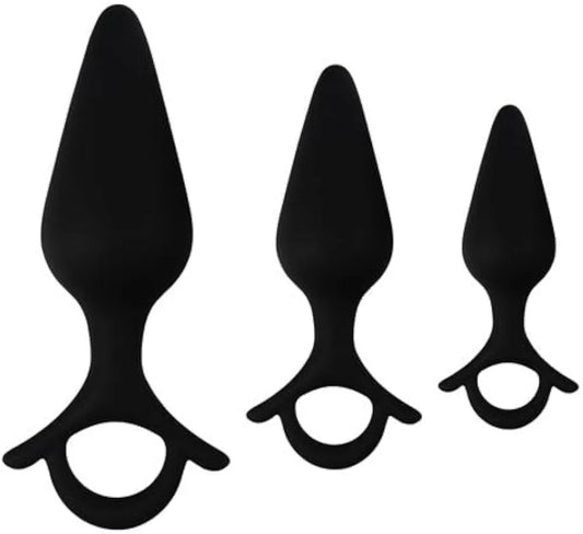 3-Piece Silicone Anal Training Plug Set with Pull Ring and Flared Base