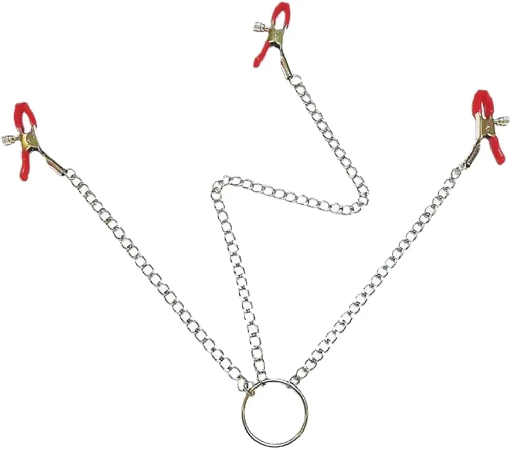 Adjustable Triple-Head Nipple Clamps with Connecting Chain for Couples Play