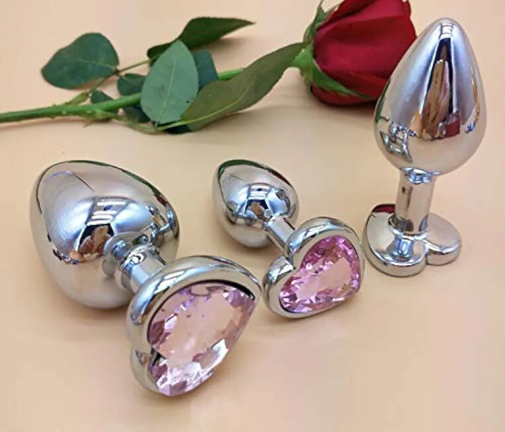 3-Piece Metal Anal Plug Training Kit with Heart-Shaped Jewelry Base - Beginner-Friendly Adult Sex Toy Set (Large, Medium, Small)
