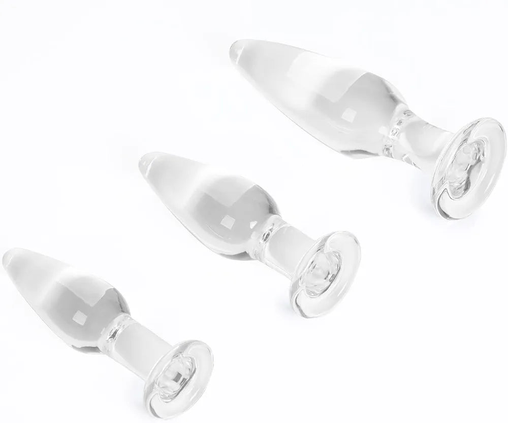 Premium 3-Piece Crystal Glass Anal Training Plug Set with Ergonomic Base