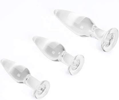 Premium 3-Piece Crystal Glass Anal Training Plug Set with Ergonomic Base