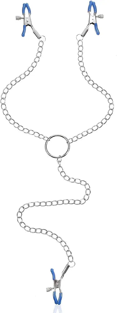 Blue Silicone-Padded Non-Piercing Nipple Clamp Y-Chain Body Jewelry