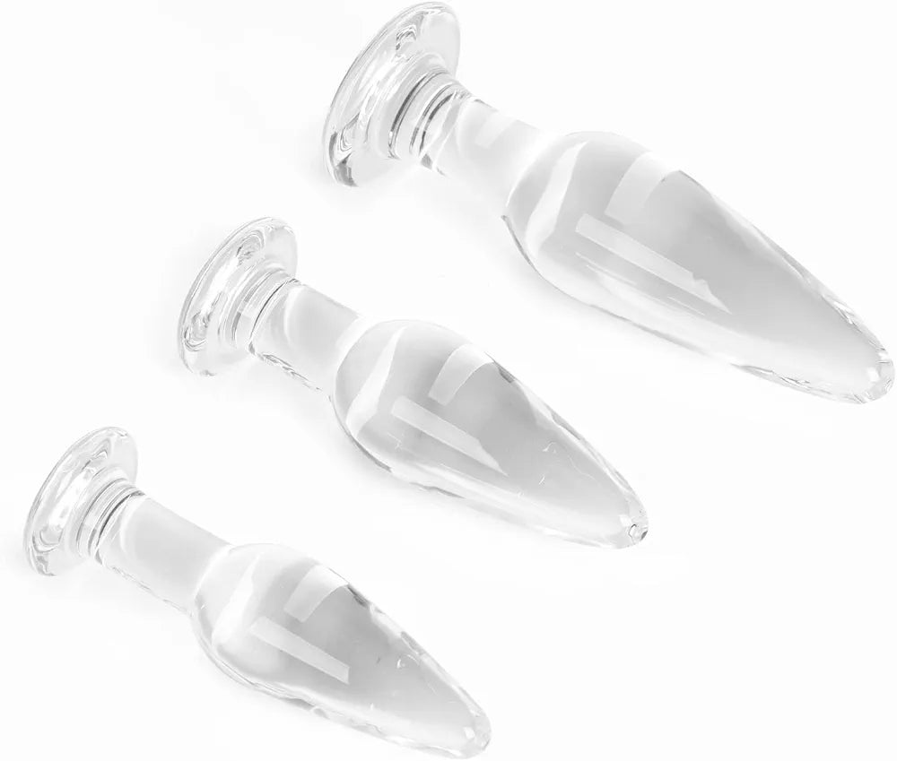Premium 3-Piece Crystal Glass Anal Training Plug Set with Ergonomic Base