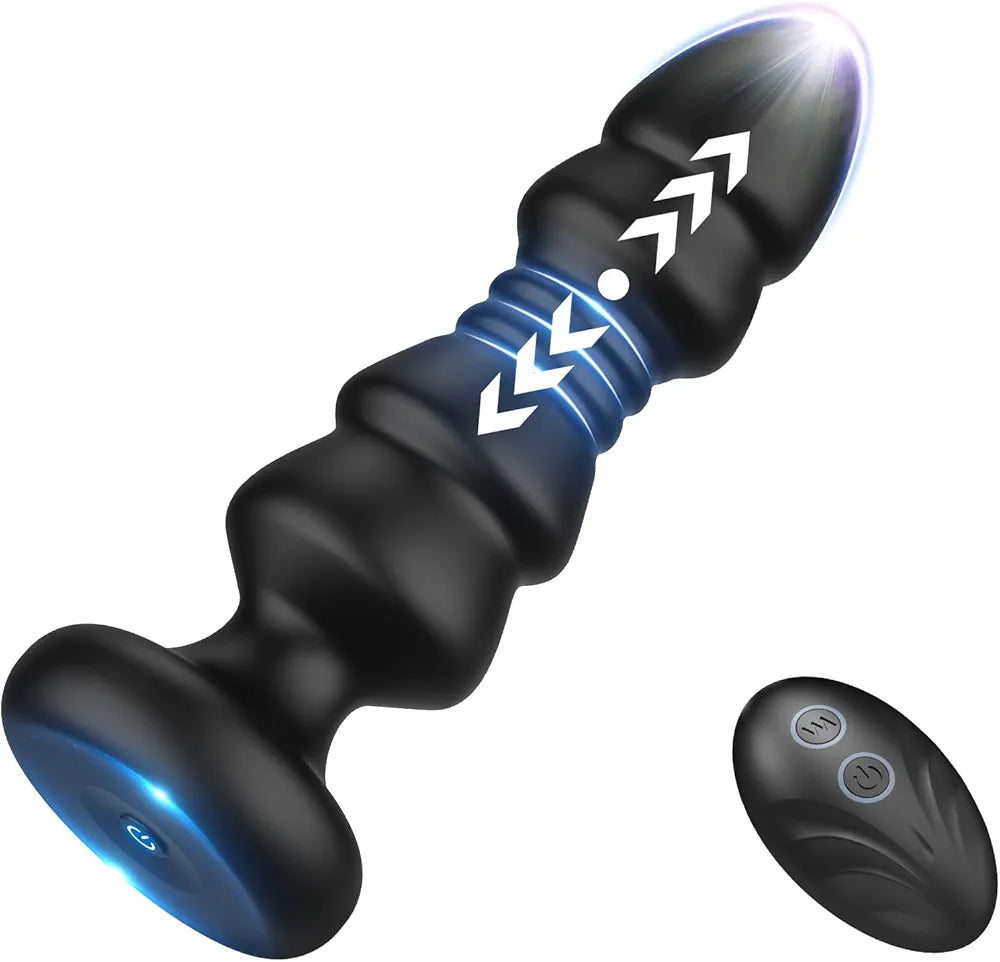 Remote-Controlled Vibrating and Thrusting Prostate Massager and Anal Butt Plug with Beads