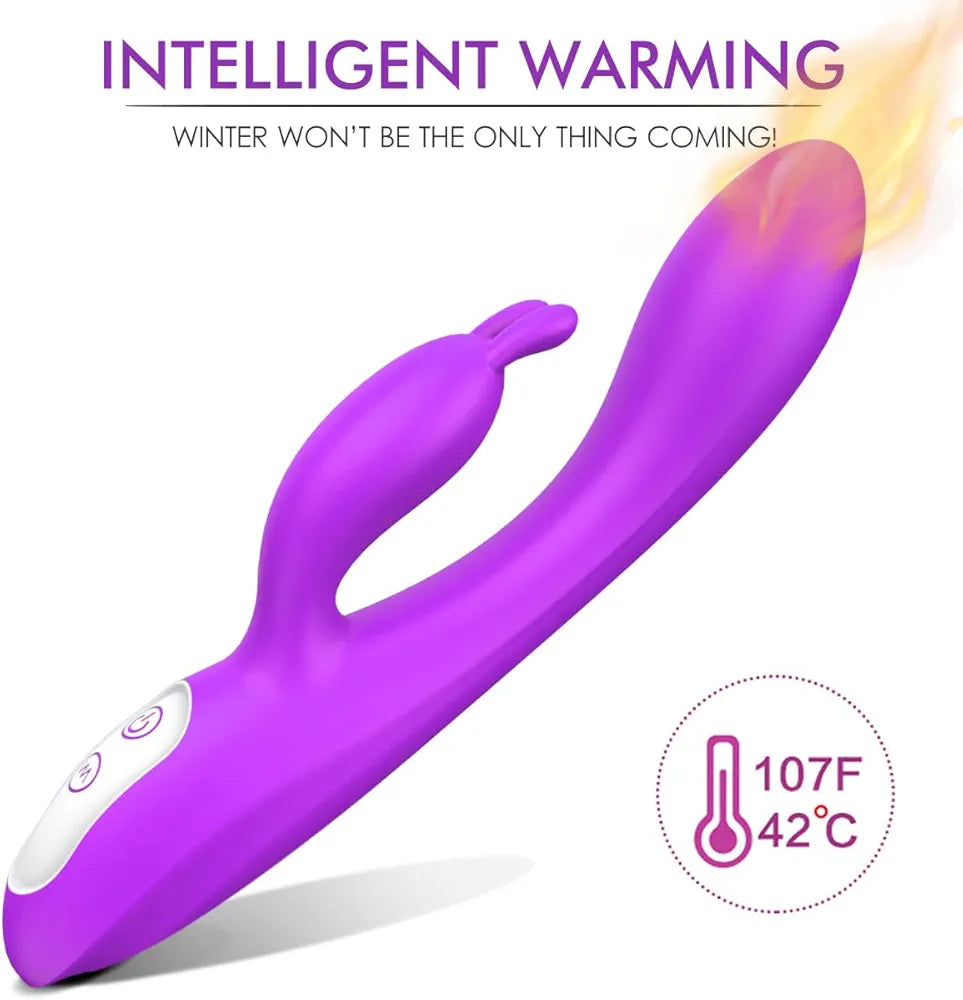 Heated Rabbit Vibrator with Bunny Ears for Dual G-Spot and Clitoral Stimulation, 9-Mode Waterproof Dual Motor Massager