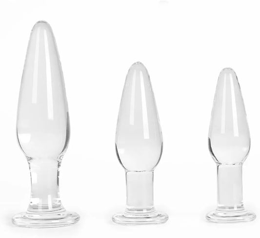 Premium 3-Piece Crystal Glass Anal Training Plug Set with Ergonomic Base
