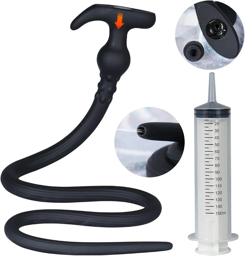 41-Inch Extra Long Silicone Anal Douche and Hollow Plug Set with 150ml Syringe for Deep Cleaning