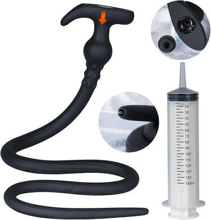 41-Inch Extra Long Silicone Anal Douche and Hollow Plug Set with 150ml Syringe for Deep Cleaning