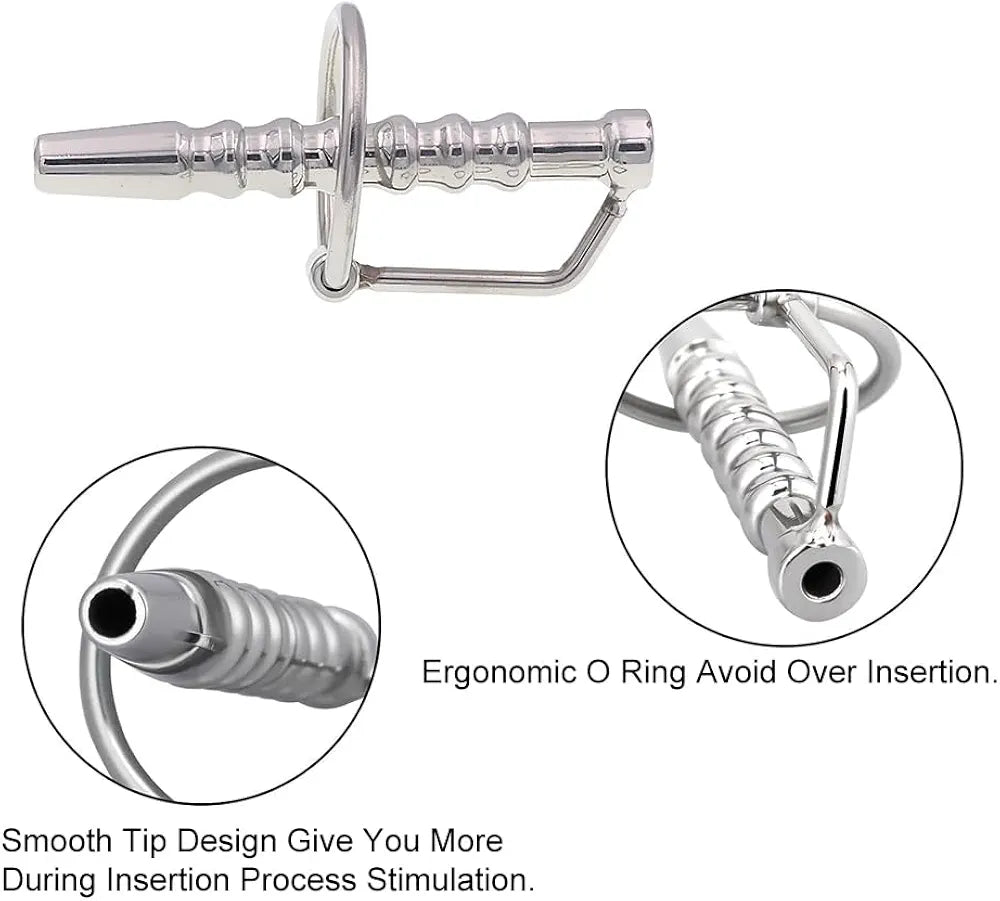 Stainless Steel Hollow Urethral Dilator and Penis Plug with Integrated Cock Ring for Men