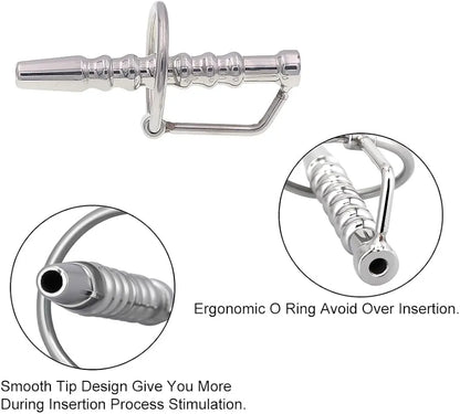 Stainless Steel Hollow Urethral Dilator and Penis Plug with Integrated Cock Ring for Men