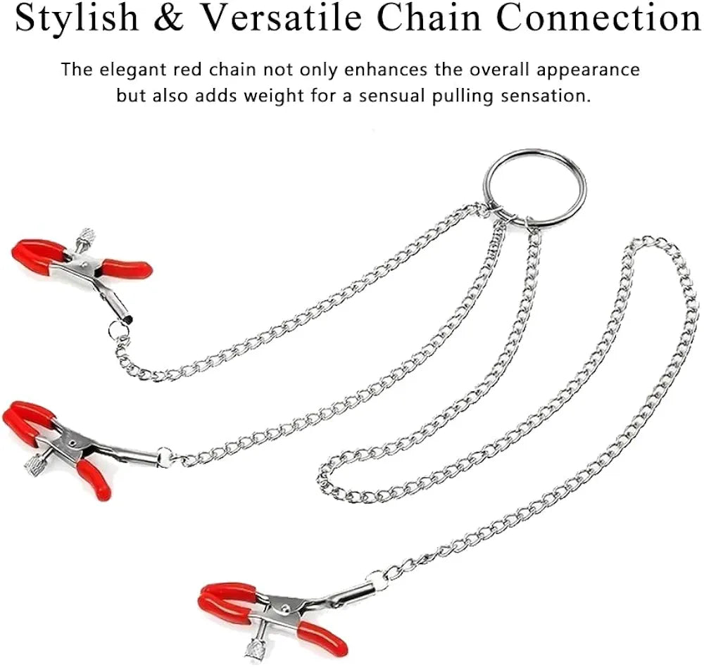 Adjustable Triple-Head Nipple Clamps with Connecting Chain for Couples Play