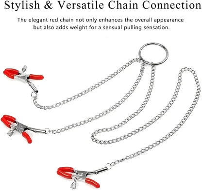 Adjustable Triple-Head Nipple Clamps with Connecting Chain for Couples Play