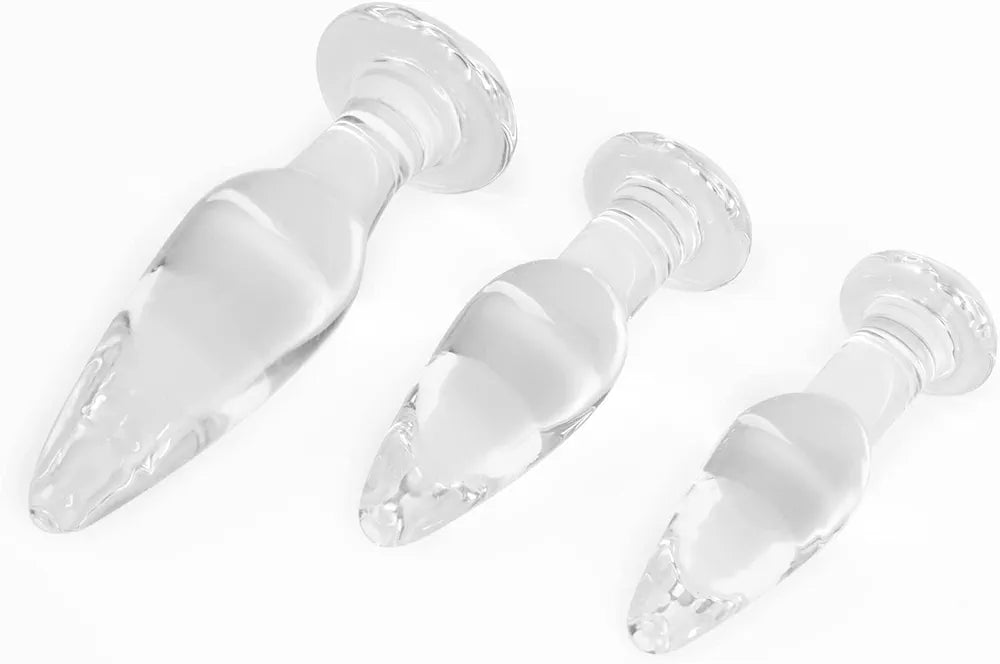 Premium 3-Piece Crystal Glass Anal Training Plug Set with Ergonomic Base