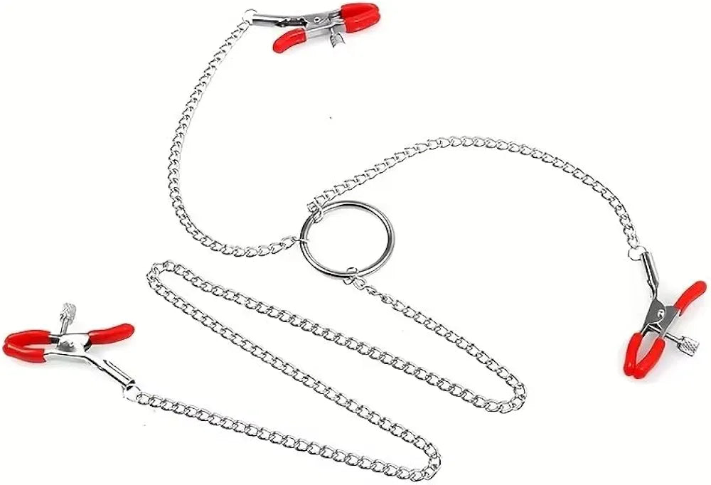 Adjustable Triple-Head Nipple Clamps with Connecting Chain for Couples Play