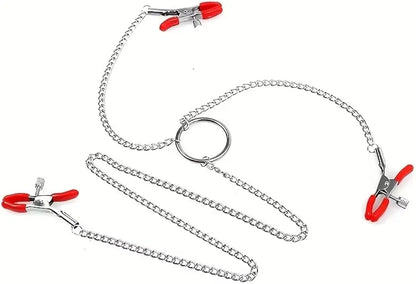 Adjustable Triple-Head Nipple Clamps with Connecting Chain for Couples Play