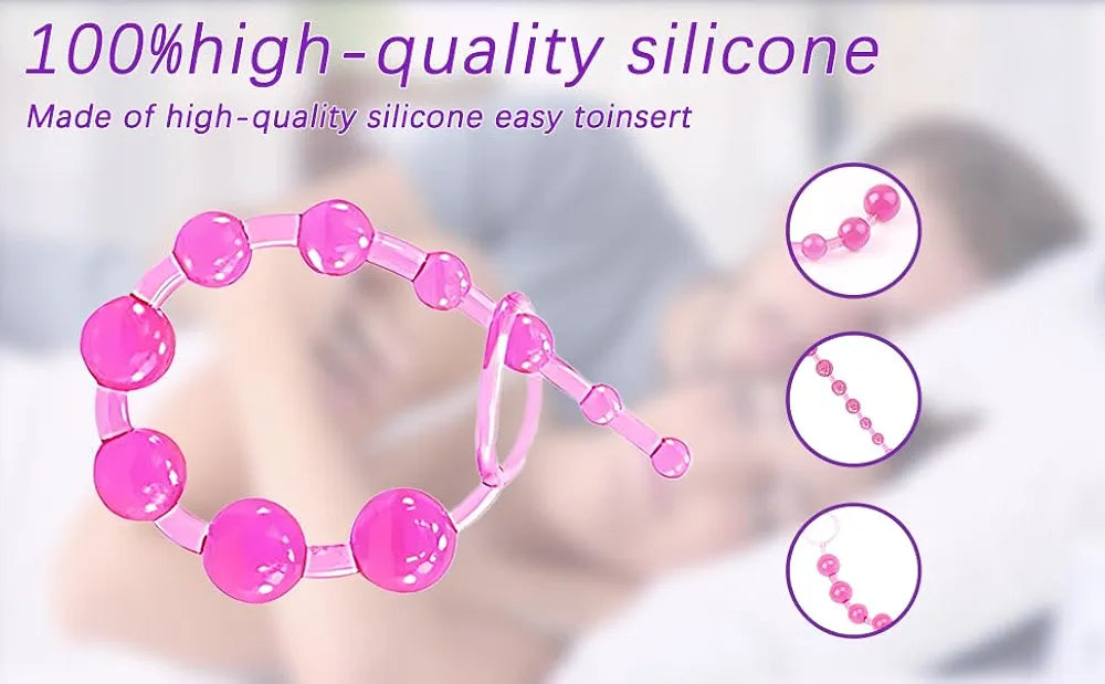 12-Inch Silicone 10-Bead Anal Chain with Pull Ring for Prostate Massage and Couples Play