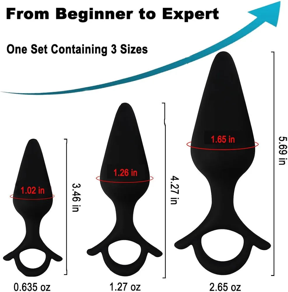 3-Piece Silicone Anal Training Plug Set with Pull Ring and Flared Base