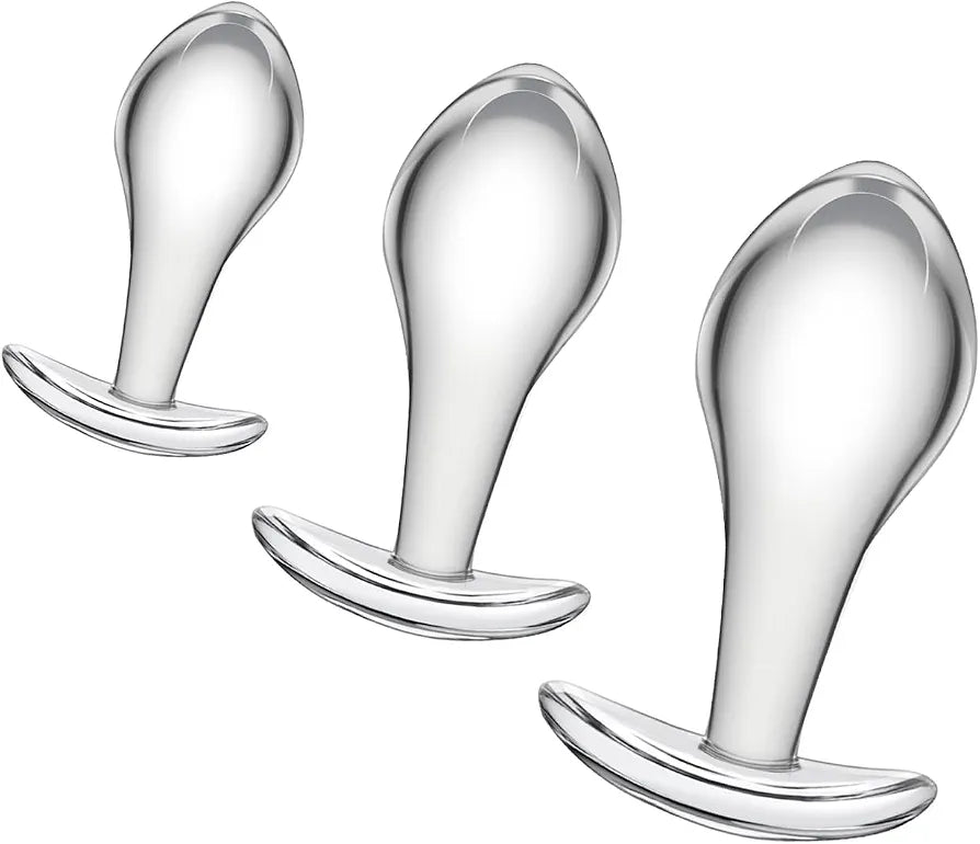 3-Piece Crystal Glass Anal Plug Set with Safety Base for Beginners