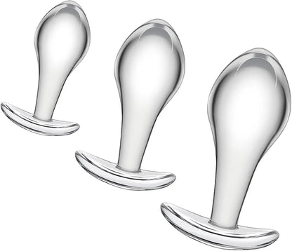 3-Piece Crystal Glass Anal Plug Set with Safety Base for Beginners