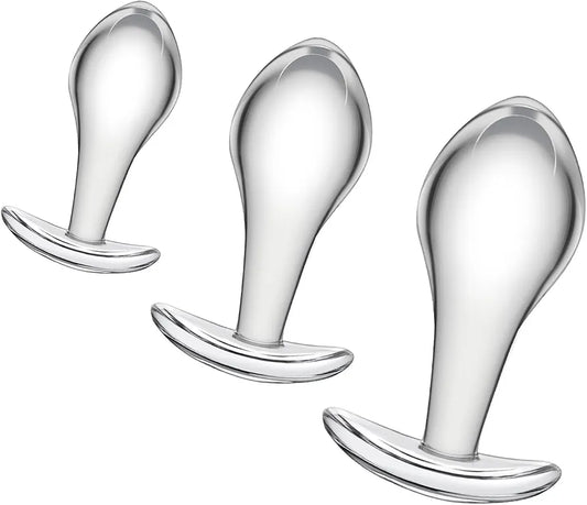 3-Piece Crystal Glass Anal Plug Set with Safety Base for Beginners