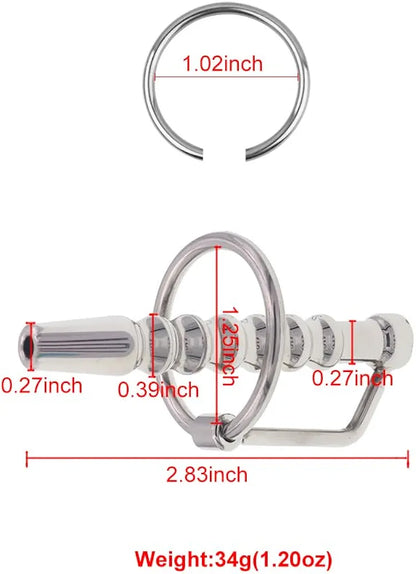 Stainless Steel Hollow Urethral Dilator and Penis Plug with Integrated Cock Ring for Men