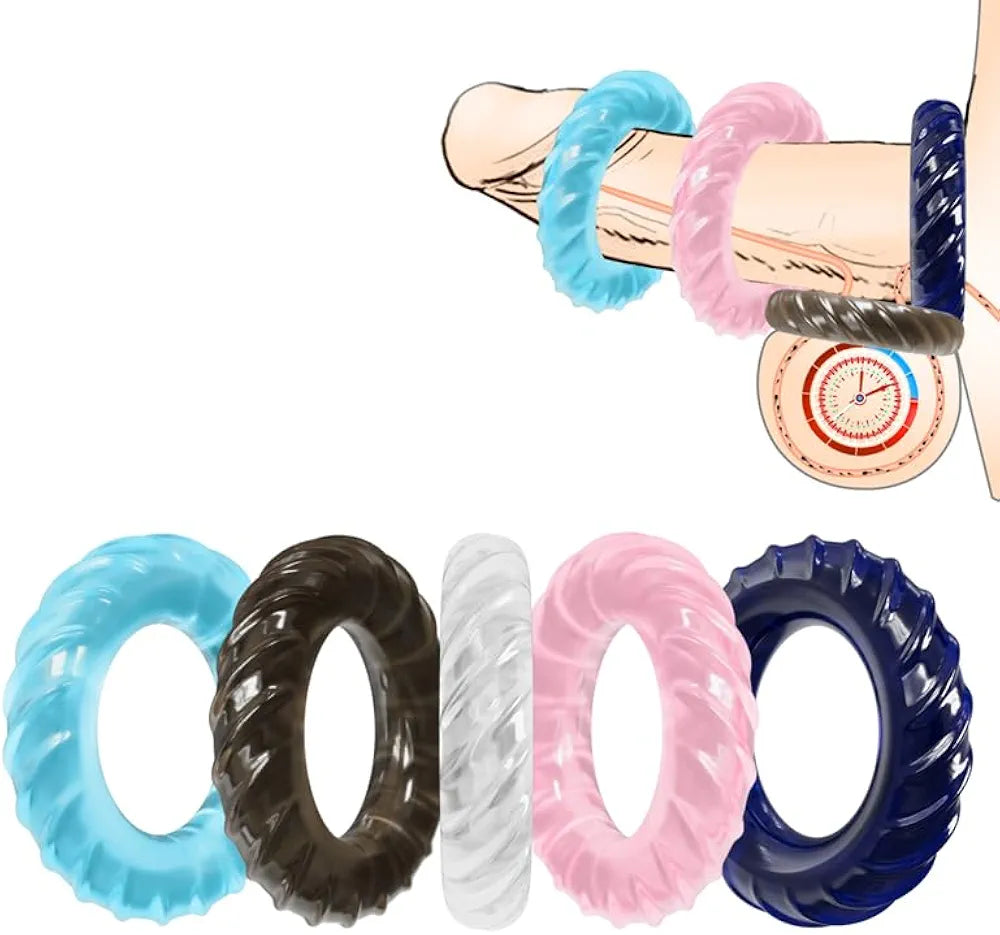 Premium Silicone Penis Enhancement Ring Set - 5 Piece Adjustable Cock and Ball Rings for Men