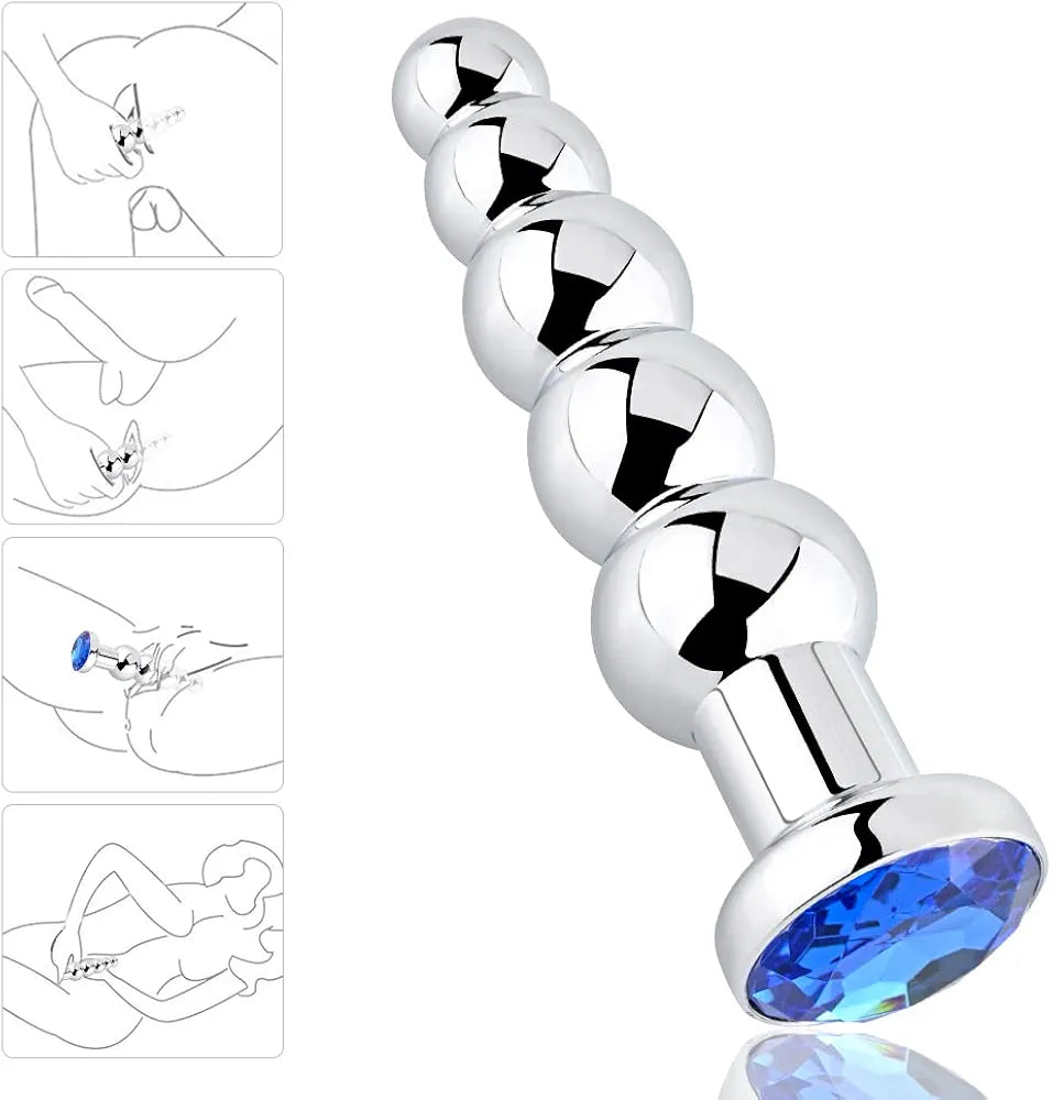 Graduated Metal Anal Bead Trainer - Blue Weighted Jewelry Butt Plug for Couples