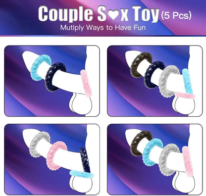 Premium Silicone Penis Enhancement Ring Set - 5 Piece Adjustable Cock and Ball Rings for Men