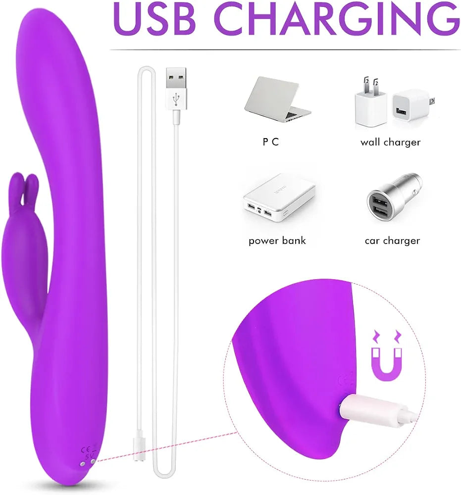 Heated Rabbit Vibrator with Bunny Ears for Dual G-Spot and Clitoral Stimulation, 9-Mode Waterproof Dual Motor Massager