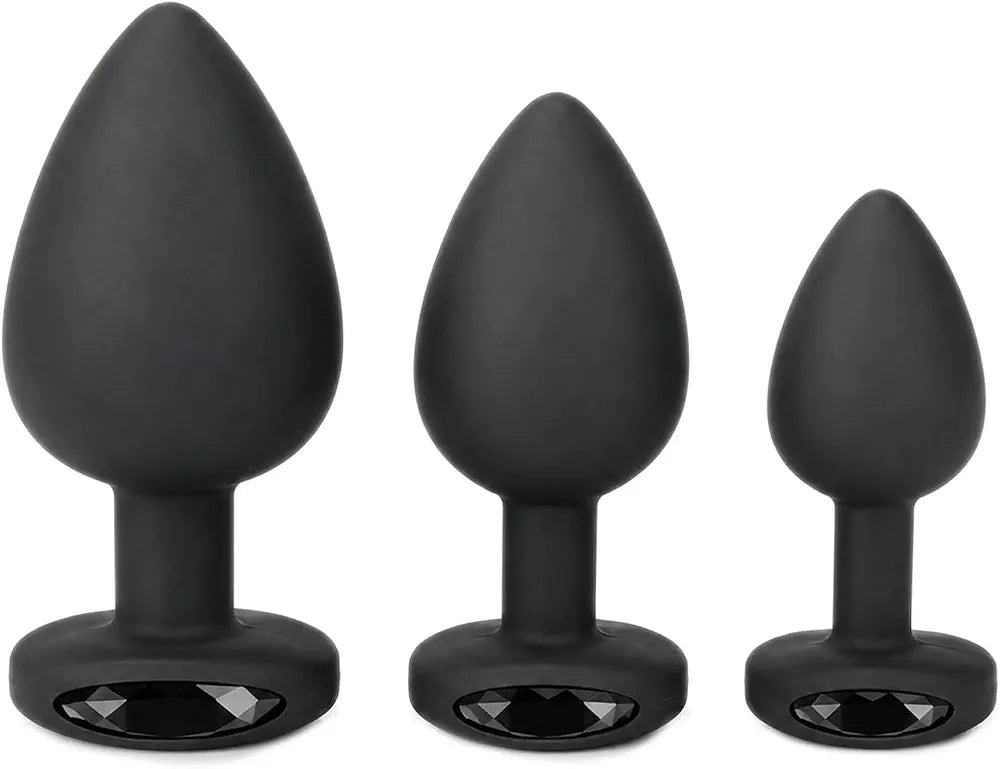 Premium 3-Piece Black Silicone Anal Training Plug Set with Decorative Gemstones