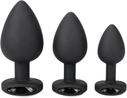 Premium 3-Piece Black Silicone Anal Training Plug Set with Decorative Gemstones
