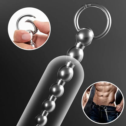 Stainless Steel Multi-Bead Urethral Sound and Dilator with Claspable O-Ring for Male Urethral Stimulation
