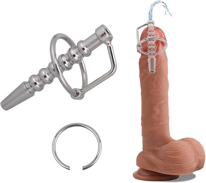 Stainless Steel Hollow Urethral Dilator and Penis Plug with Integrated Cock Ring for Men