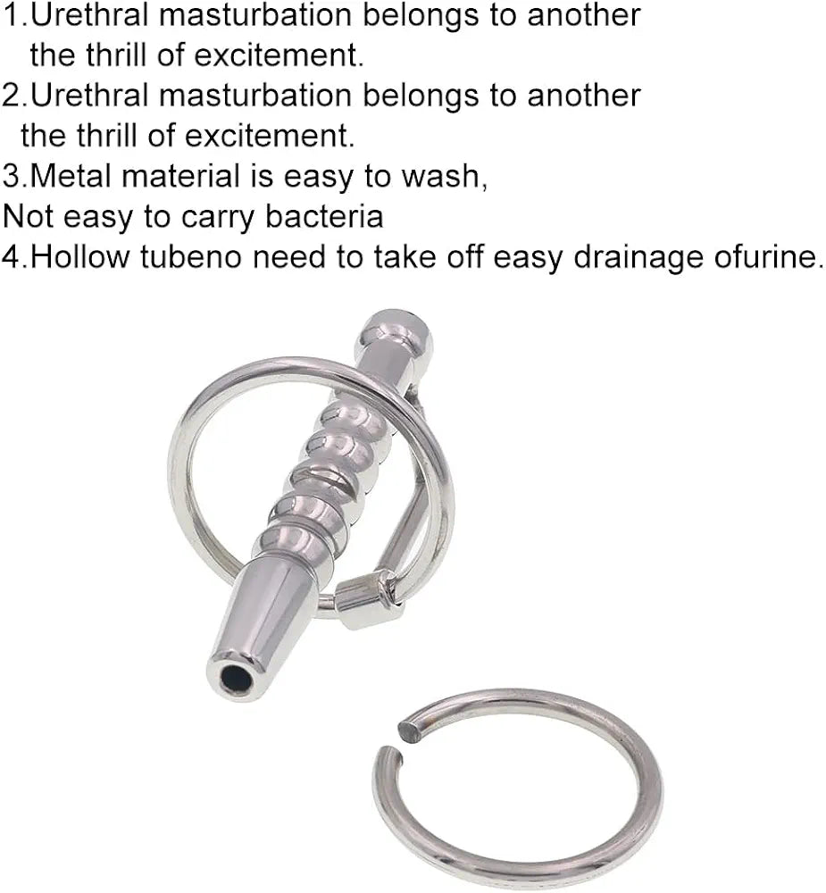 Stainless Steel Hollow Urethral Dilator and Penis Plug with Integrated Cock Ring for Men