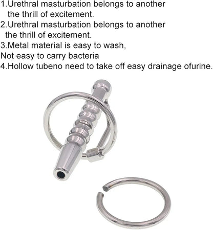 Stainless Steel Hollow Urethral Dilator and Penis Plug with Integrated Cock Ring for Men