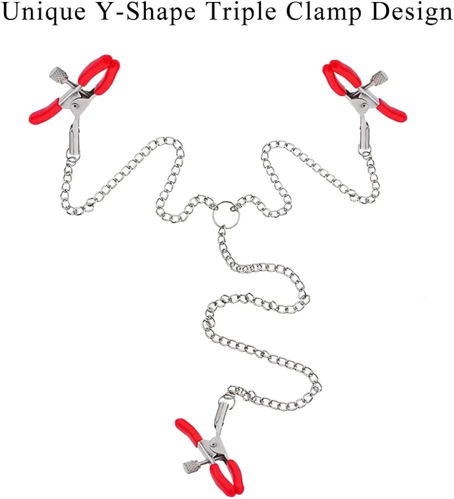 Adjustable Triple-Head Nipple Clamps with Connecting Chain for Couples Play