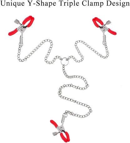 Adjustable Triple-Head Nipple Clamps with Connecting Chain for Couples Play