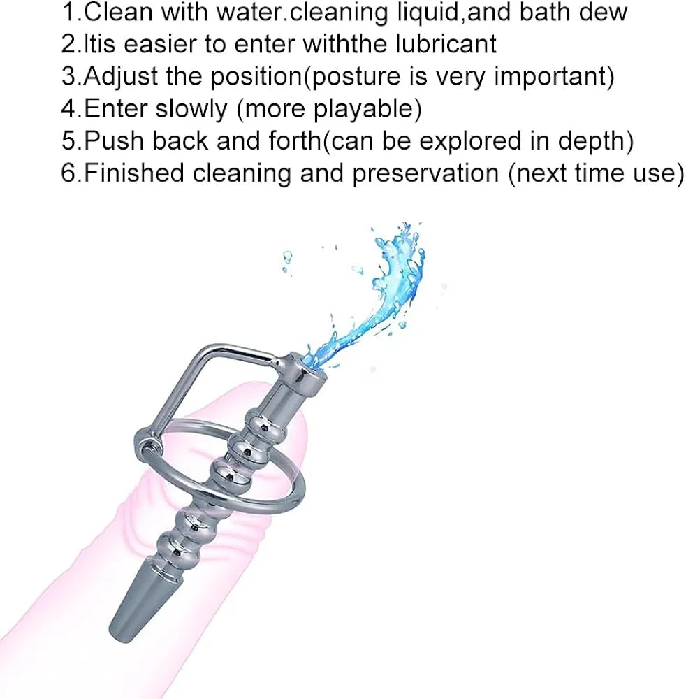 Stainless Steel Hollow Urethral Dilator and Penis Plug with Integrated Cock Ring for Men