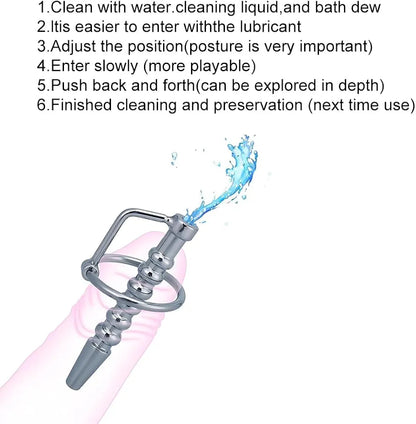 Stainless Steel Hollow Urethral Dilator and Penis Plug with Integrated Cock Ring for Men