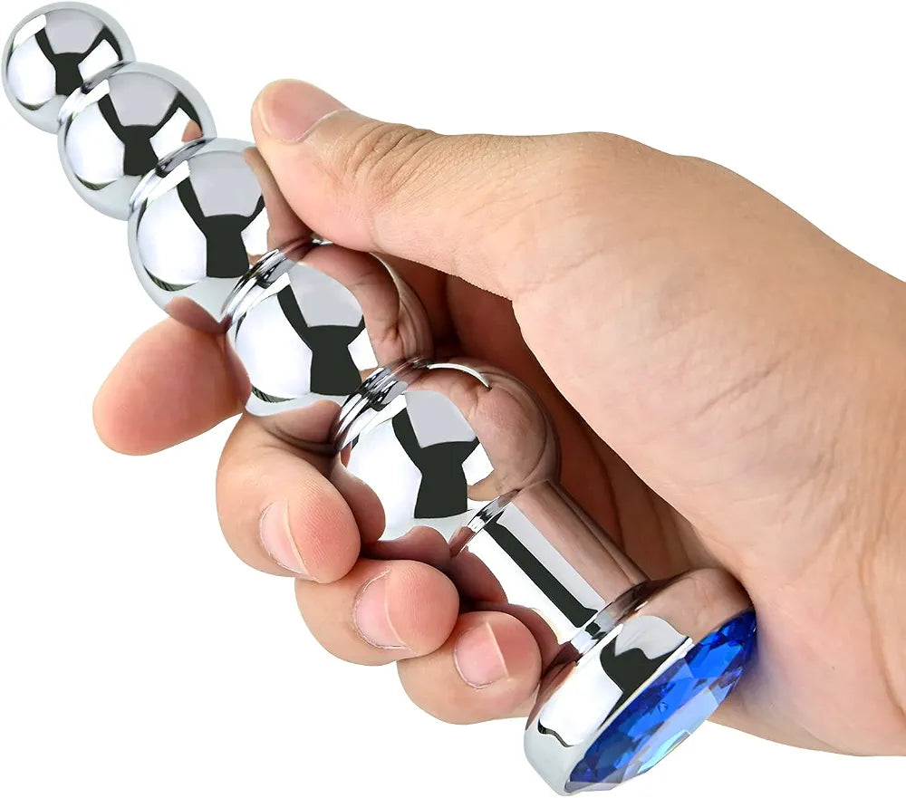 Graduated Metal Anal Bead Trainer - Blue Weighted Jewelry Butt Plug for Couples